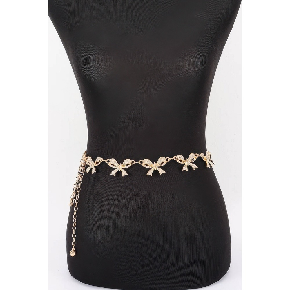 Bow Chain Belt Women OS Gold New Rhinestone Coquette Adjustable
